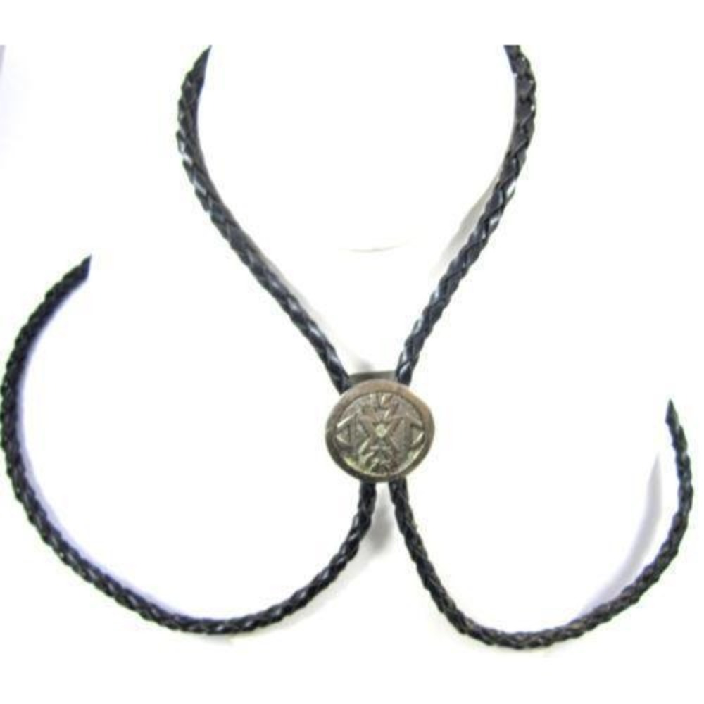 Vintage Bolo Tie Southwest Design Pendant Black Braided Leather‎ Necklace